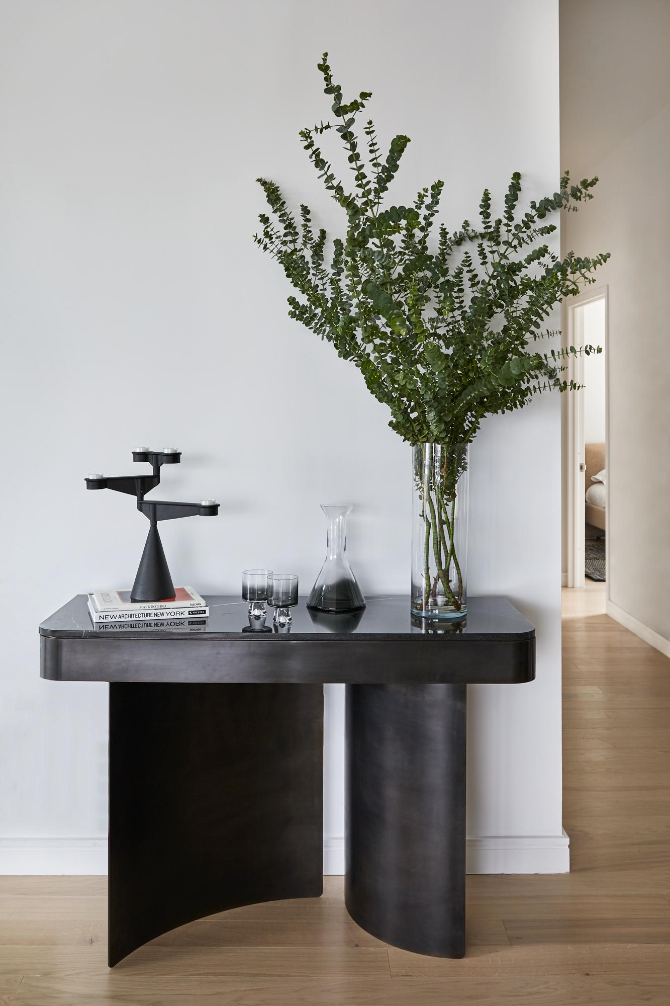 Modern Crescent Console in Contemporary Blackened Steel with Black Marble Top For Sale