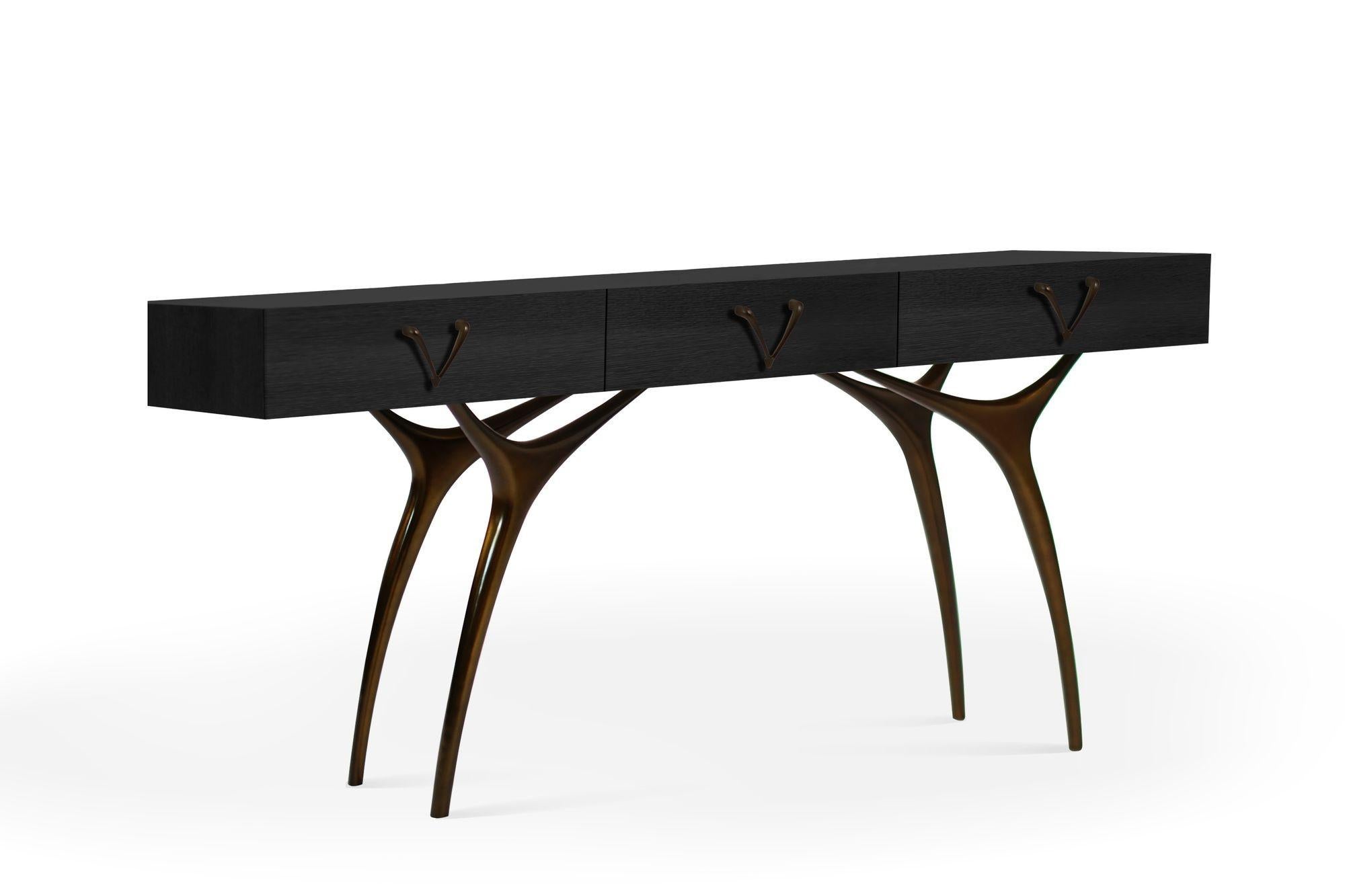 Mid-Century Modern Crescent Console Table in Blackout Oak and Bronze For Sale