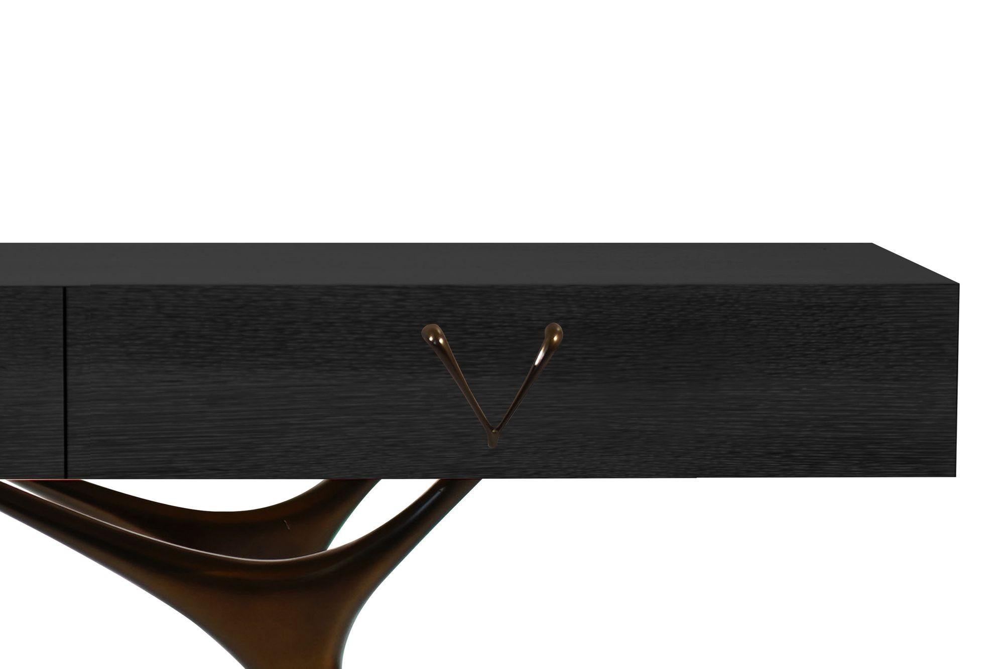 Crescent Console Table in Blackout Oak and Bronze In New Condition For Sale In Westport, CT
