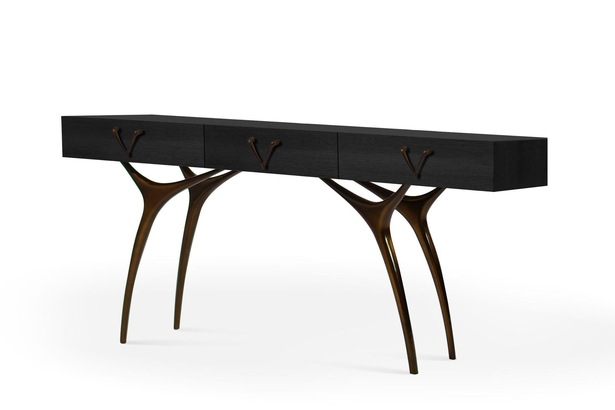 Contemporary Crescent Console Table in Blackout Oak and Bronze For Sale