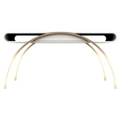 Crescent Console Table- Modern Handcrafted White Lacquer Console with Brass Legs