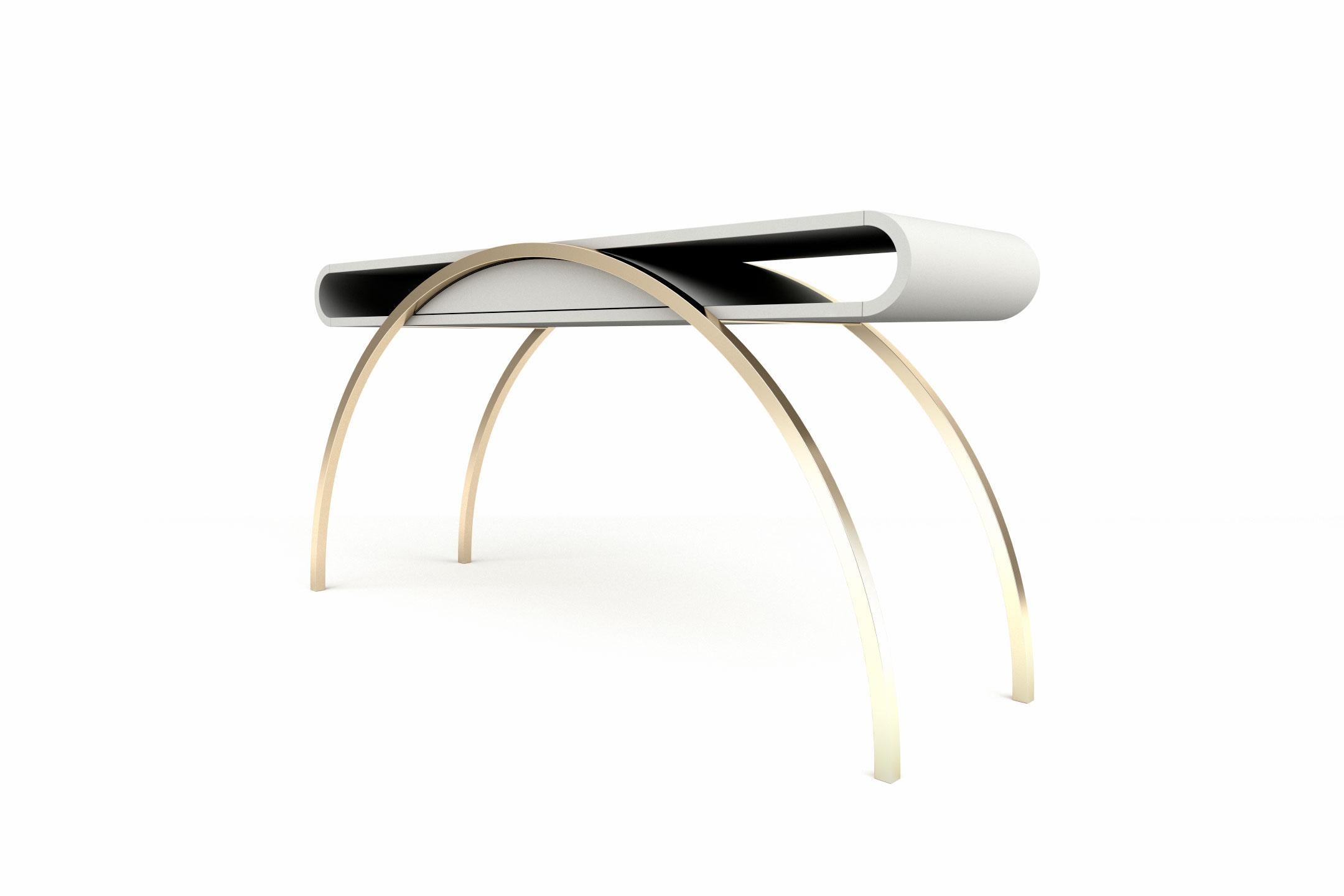 European Crescent Console Table - Modern White Lacquered Console with Brass Legs For Sale