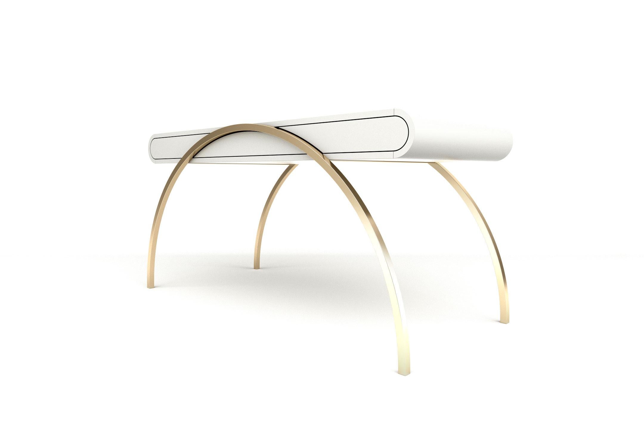 European Crescent Desk - Modern White Lacquered Desk with Brass Legs For Sale