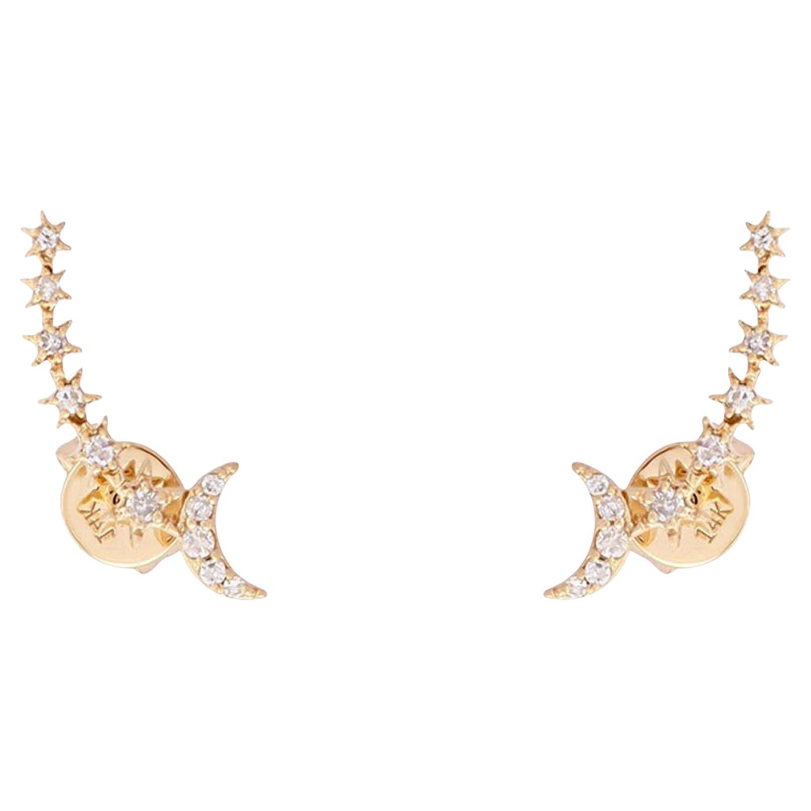 Crescent Diamond 14K (or 18k upon request) Yellow Gold Stud Earrings