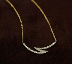 Zig Zag Curved Crescent Diamond Bar Pendant Necklace in 14k Solid Gold