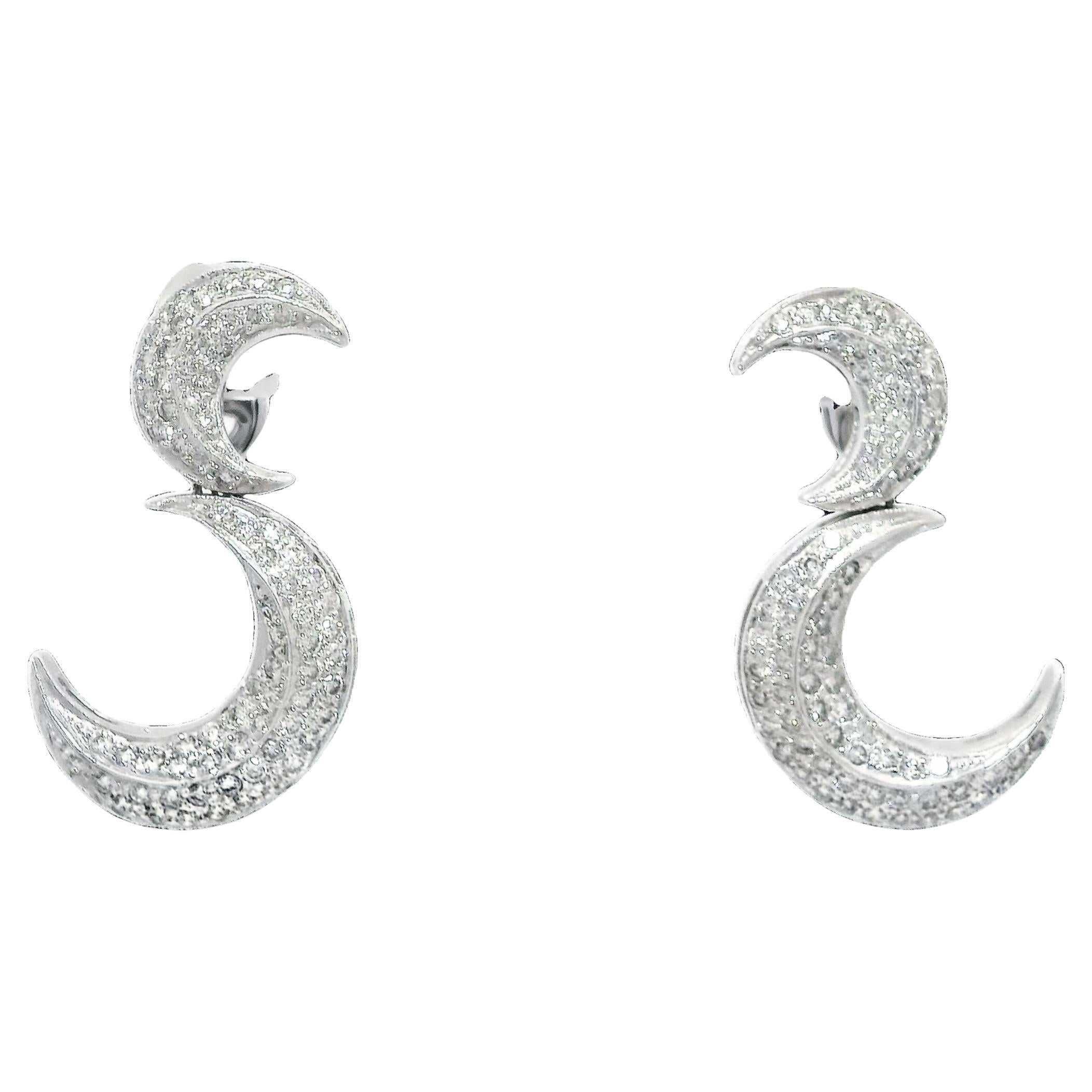 Crescent Diamond Pavé 18K White Gold Earrings For Sale