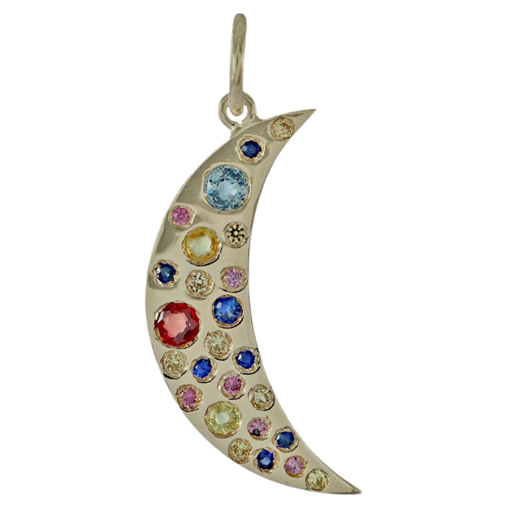 Crescent Half Moon Solid 14k Yellow Gold Natural Multi Sapphire Gemstone Pendant For Sale