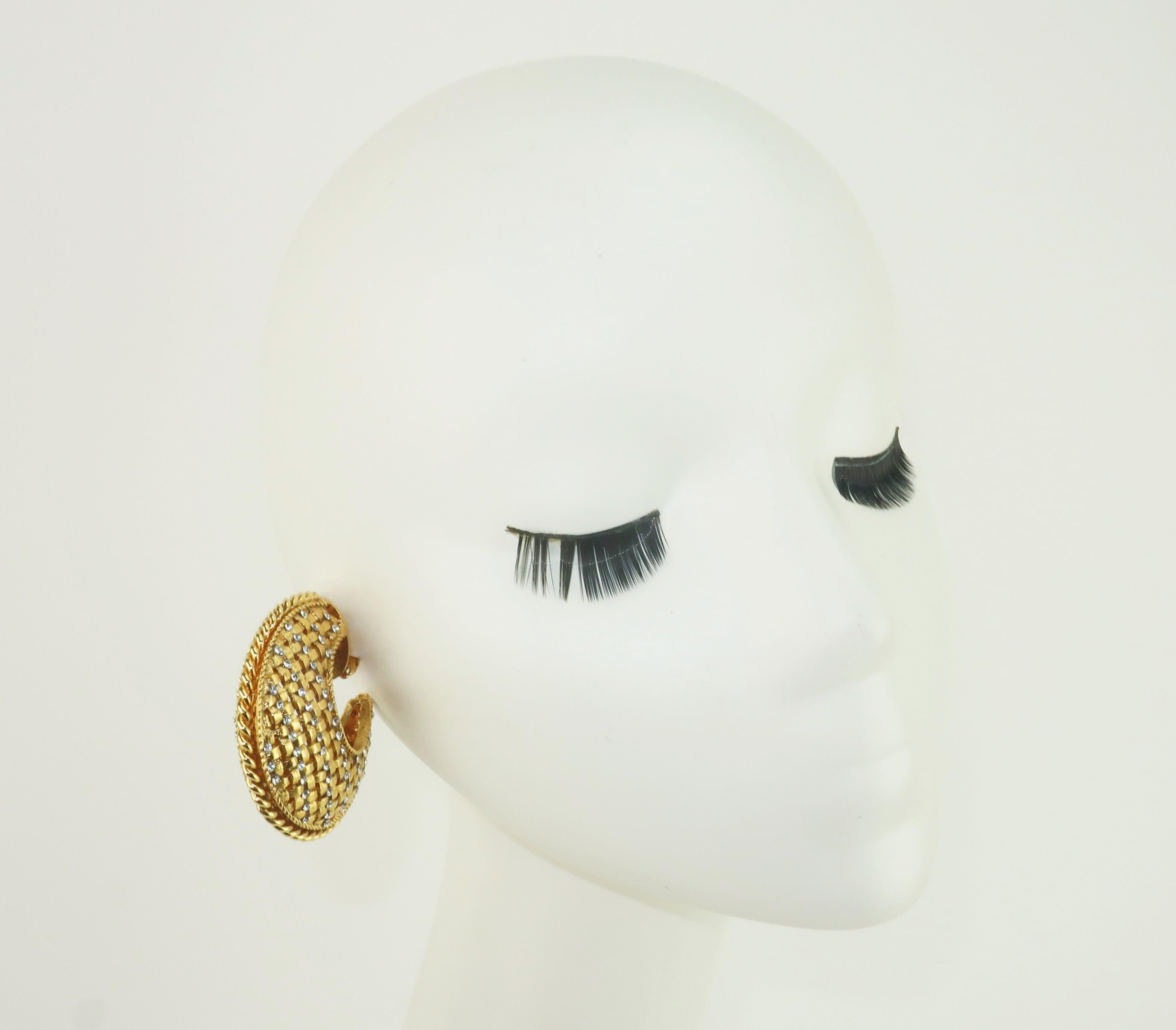Crescent Hoop Gold Tone Lattice Rhinestone Earrings, 1980's 4