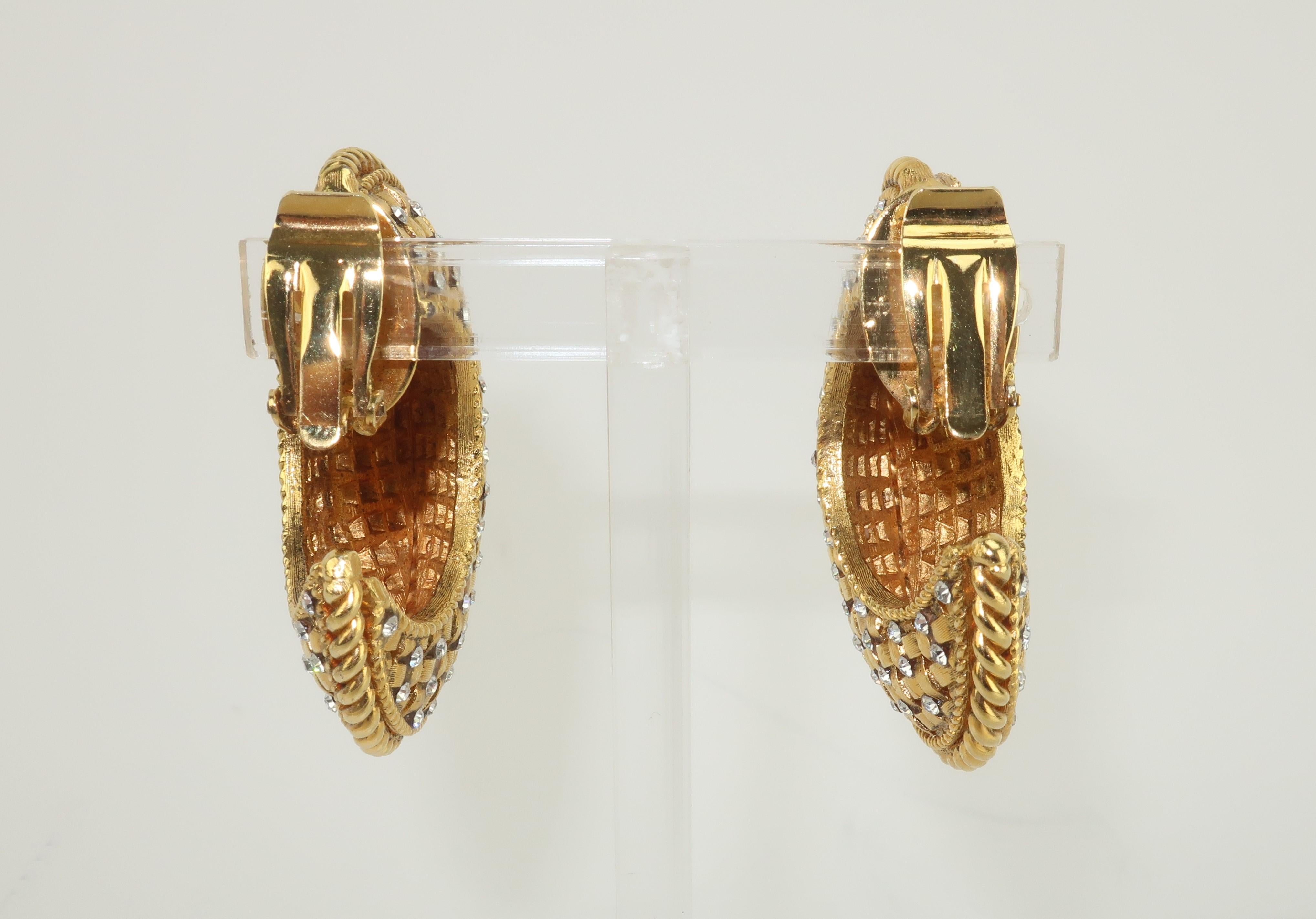 Modern Crescent Hoop Gold Tone Lattice Rhinestone Earrings, 1980's