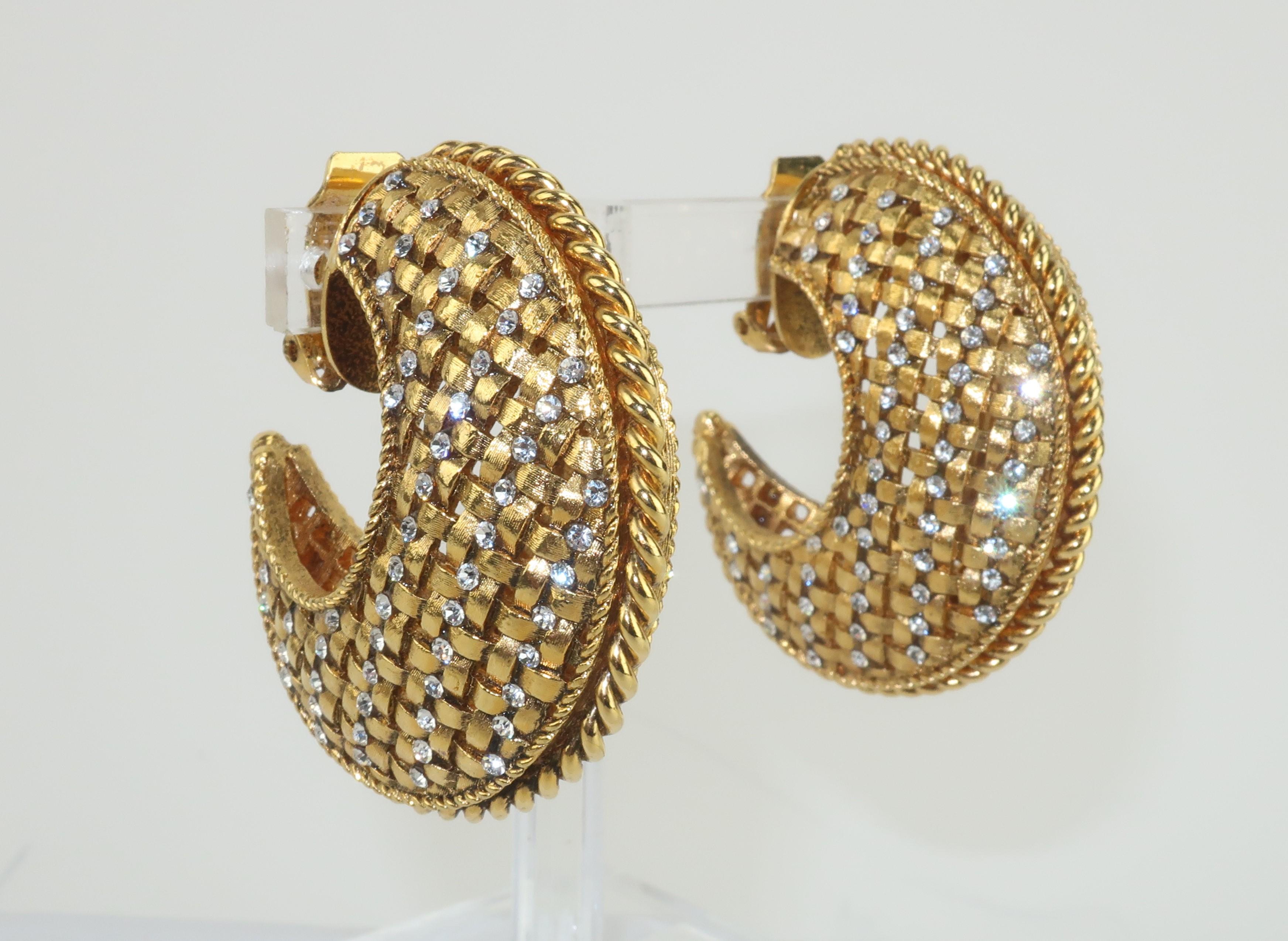 Women's Crescent Hoop Gold Tone Lattice Rhinestone Earrings, 1980's