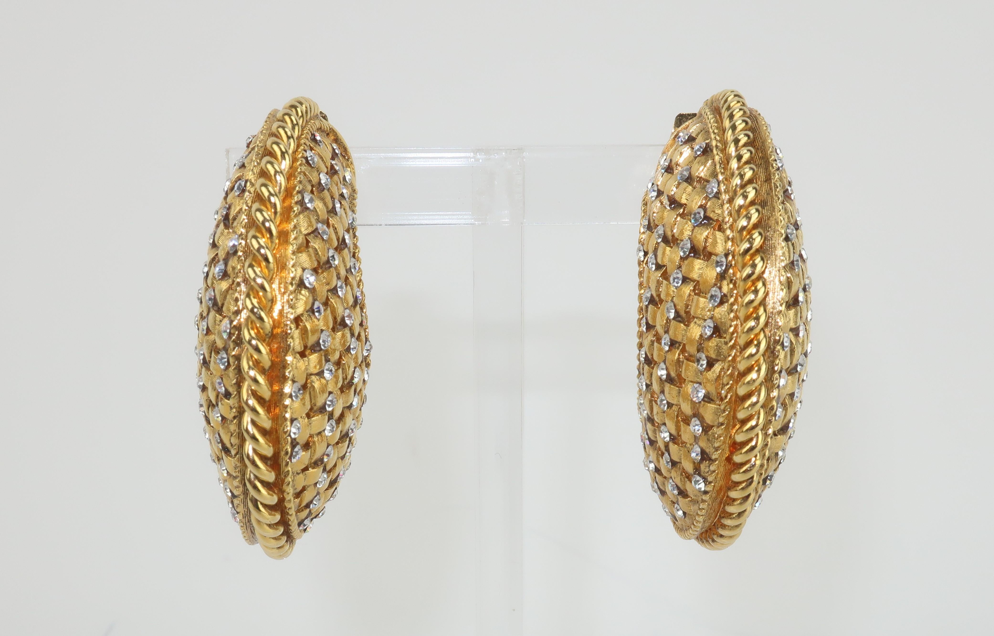 Crescent Hoop Gold Tone Lattice Rhinestone Earrings, 1980's 1
