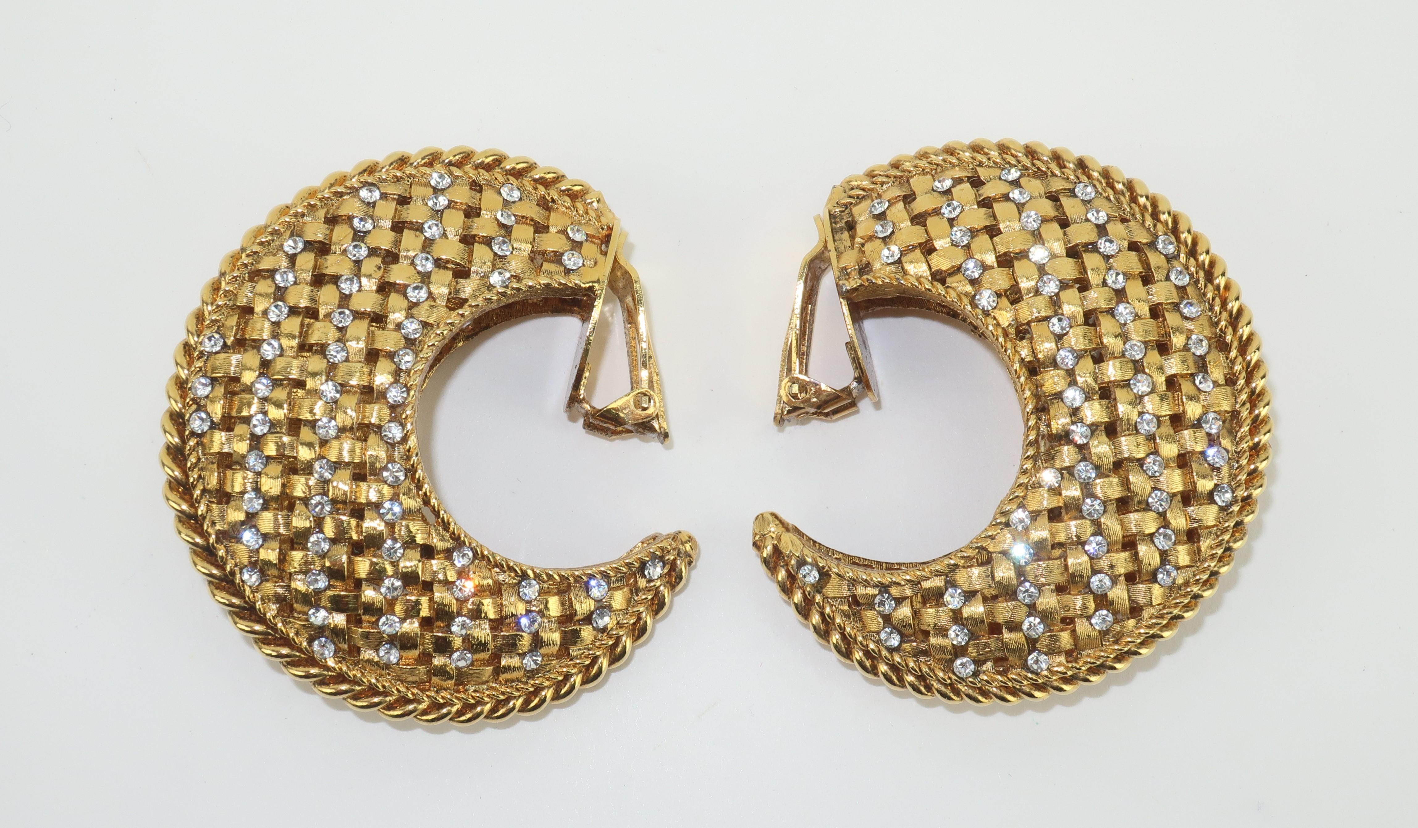 Crescent Hoop Gold Tone Lattice Rhinestone Earrings, 1980's 2