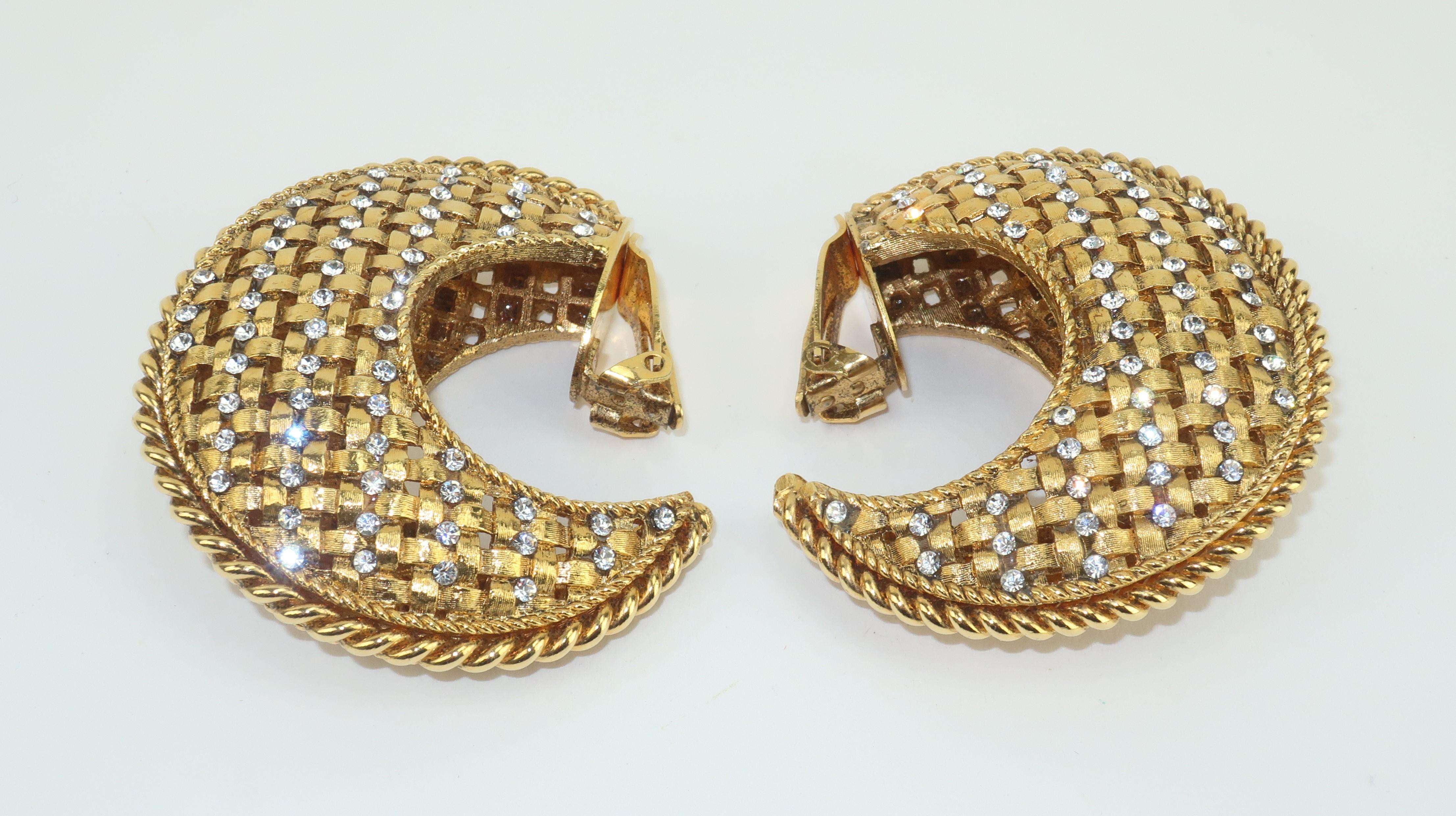 Crescent Hoop Gold Tone Lattice Rhinestone Earrings, 1980's 3