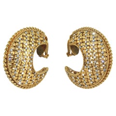 Crescent Hoop Gold Tone Lattice Rhinestone Earrings, 1980's