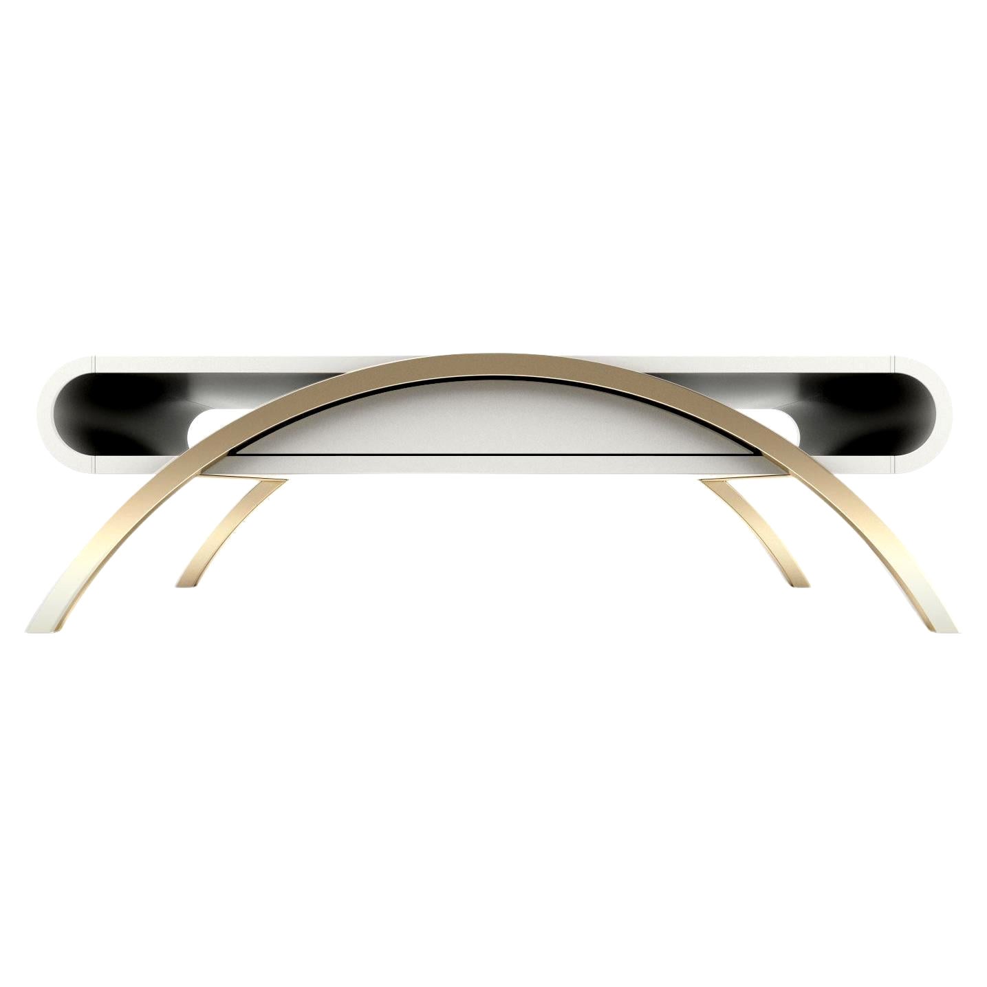 Crescent Low Coffee Table- Modern Handcrafted White Lacquer Table and Brass Legs For Sale