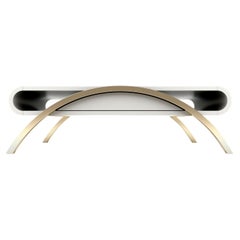 Crescent Low Coffee Table - Modern White Lacquered Coffee Table with Brass Legs
