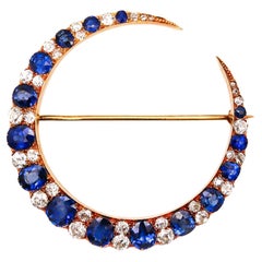 CRESCENT MOON 1900 Edwardian Brooch 18Kt Gold With 7.27 Ctw Sapphires & Diamonds
