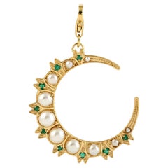 Crescent Moon Accented With Pearl & Emerald In 18k Yellow Gold