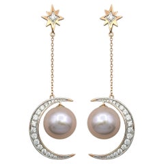 Crescent Moon and Star Pearl and Diamond Dangle Earrings in 14 Karat Rose Gold