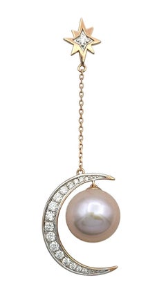 Crescent Moon and Star Pearl and Diamond Dangle Earrings in 14 Karat Rose Gold