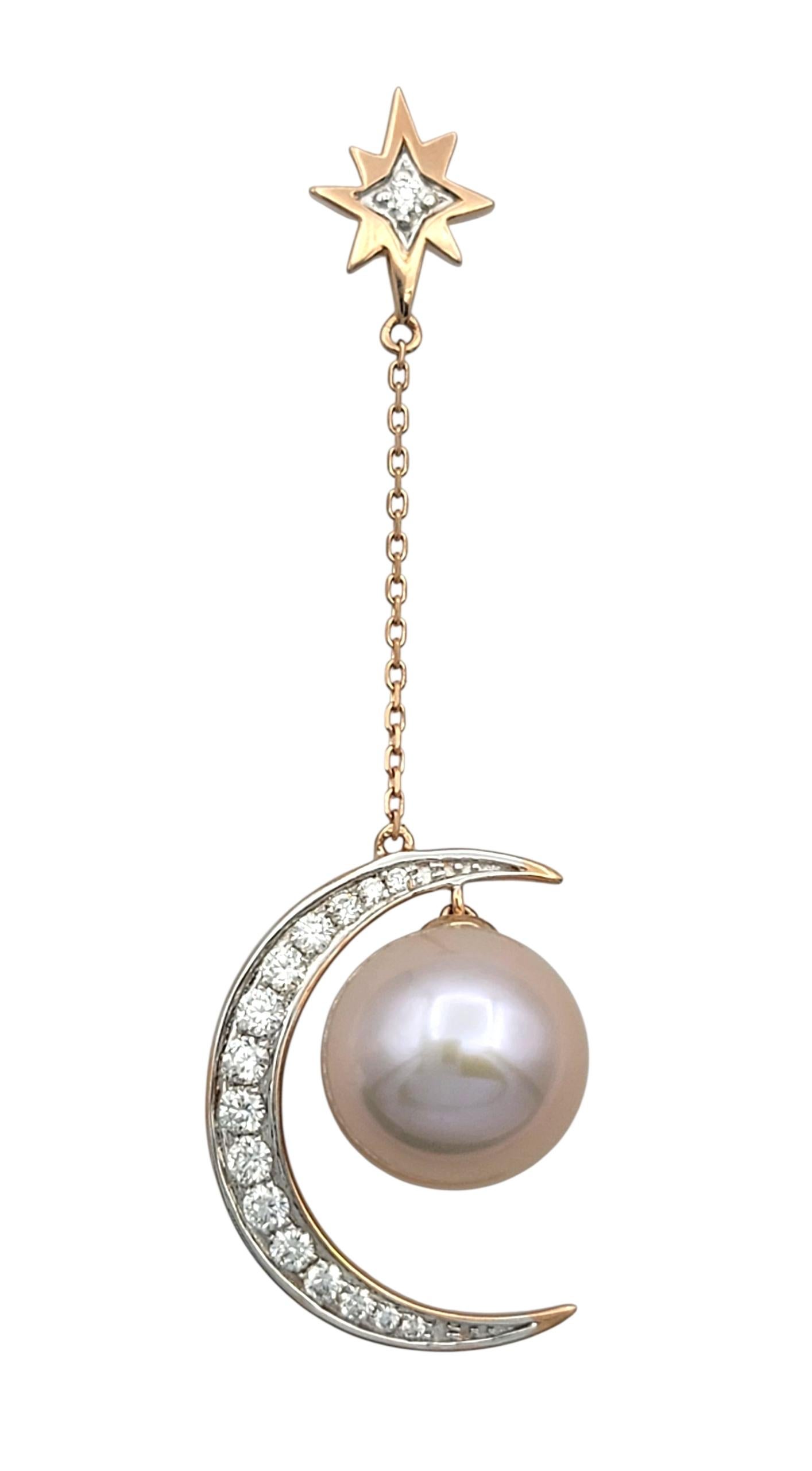 Contemporaneo Orecchini pendenti con perle e diamanti a mezzaluna e stella in oro rosa 14 carati in vendita