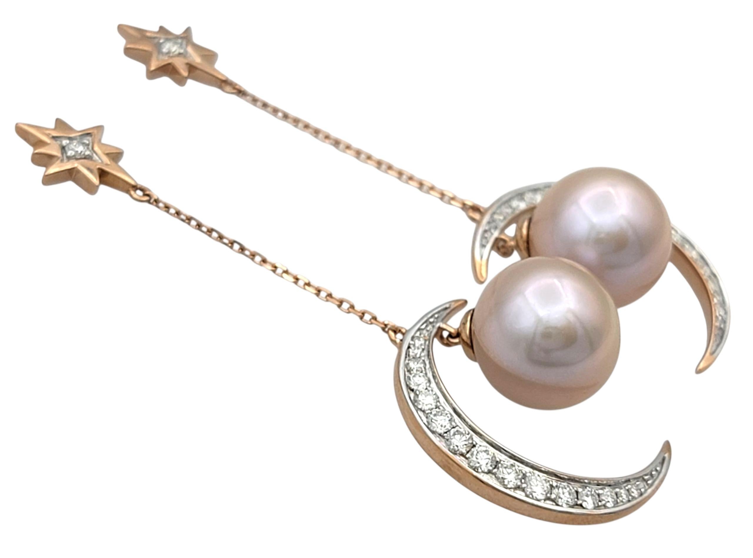Taglio rotondo Orecchini pendenti con perle e diamanti a mezzaluna e stella in oro rosa 14 carati in vendita