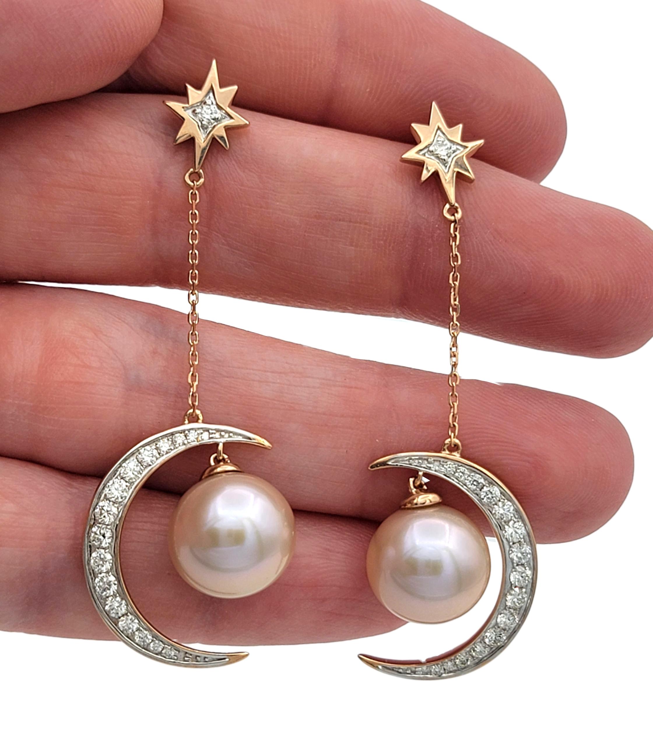 Orecchini pendenti con perle e diamanti a mezzaluna e stella in oro rosa 14 carati in vendita 1