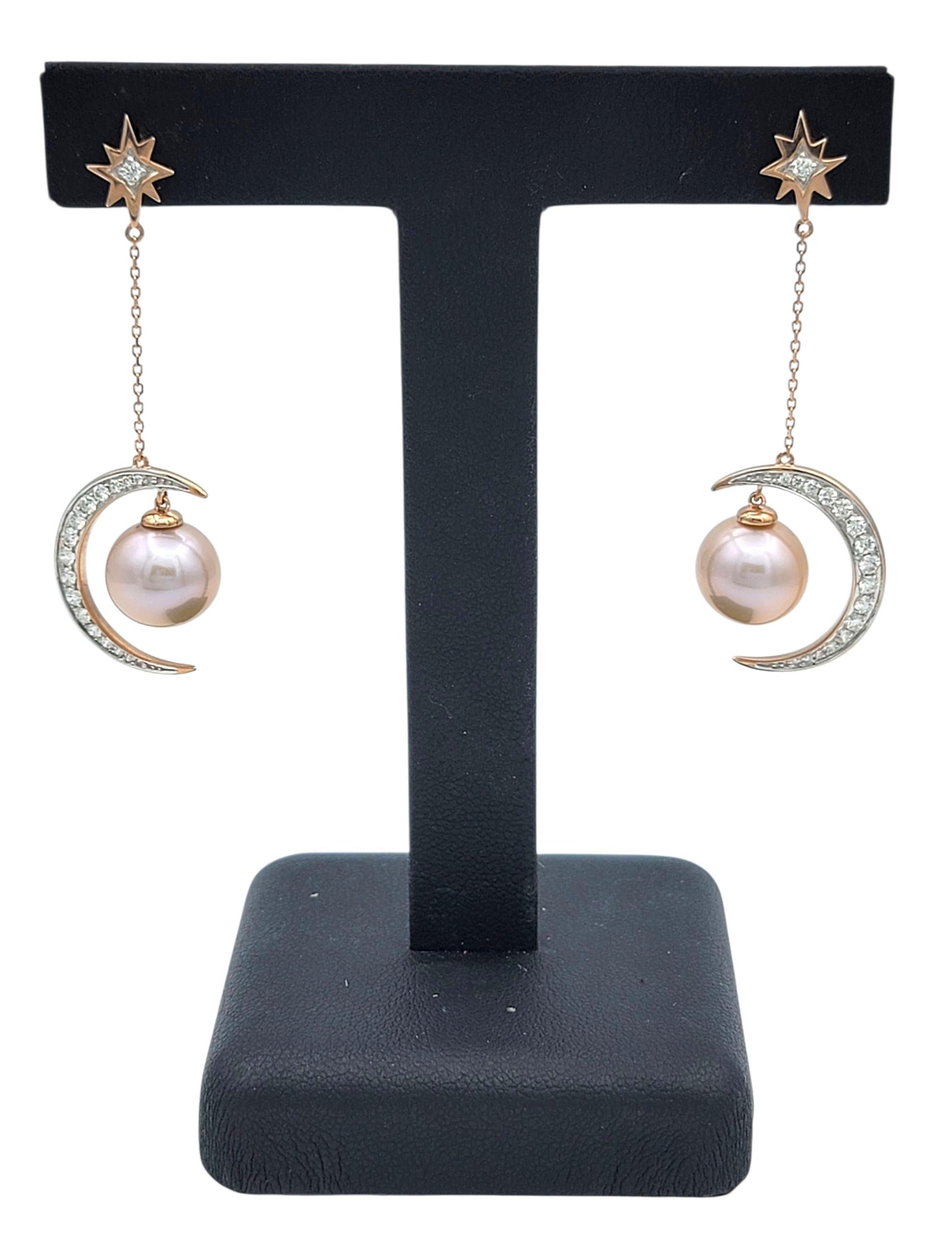 Orecchini pendenti con perle e diamanti a mezzaluna e stella in oro rosa 14 carati in vendita 2
