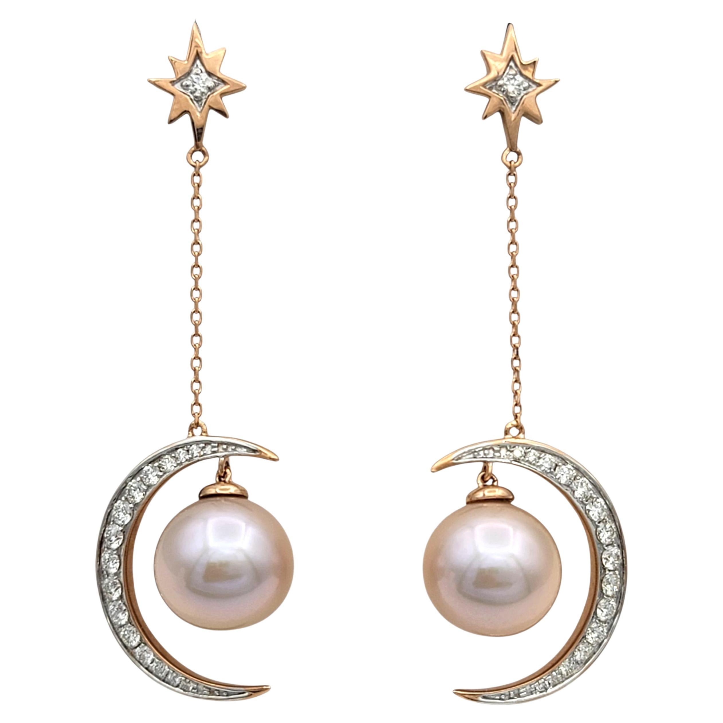 Orecchini pendenti con perle e diamanti a mezzaluna e stella in oro rosa 14 carati in vendita