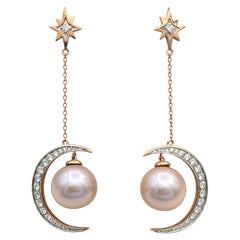 Crescent Moon and Star Pearl and Diamond Dangle Earrings in 14 Karat Rose Gold