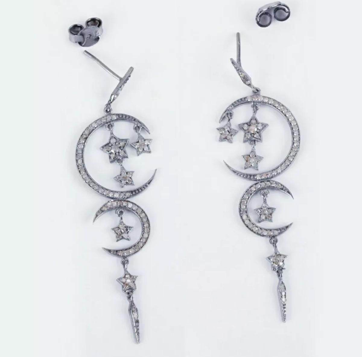 Mondsichel und Sterne Designer-Ohrringe 925 Silber Pave Diamant Ohrringe. (Art déco) im Angebot