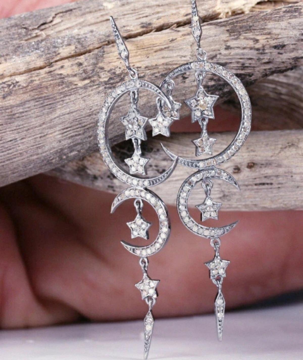 Mondsichel und Sterne Designer-Ohrringe 925 Silber Pave Diamant Ohrringe. im Angebot 2