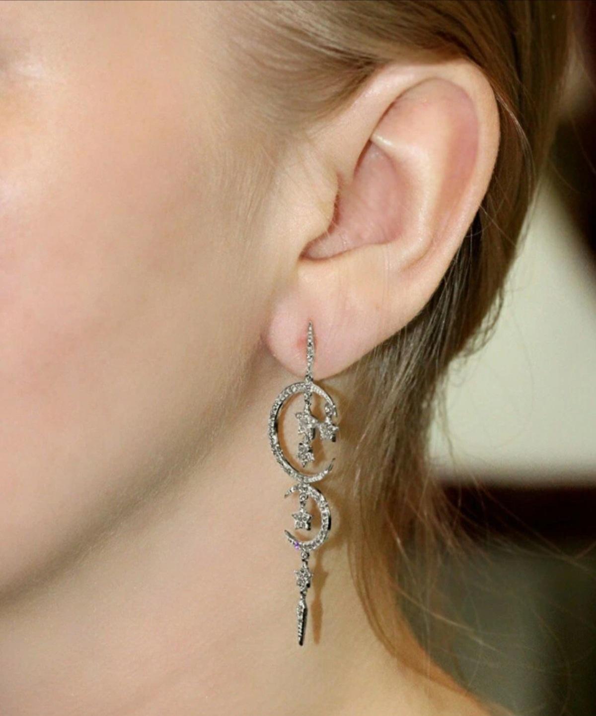 Mondsichel und Sterne Designer-Ohrringe 925 Silber Pave Diamant Ohrringe. im Angebot 3