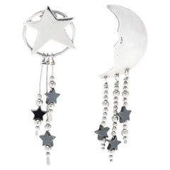 Crescent Moon and Stars Hematite Large Dangle Earrings, Sterling Silver