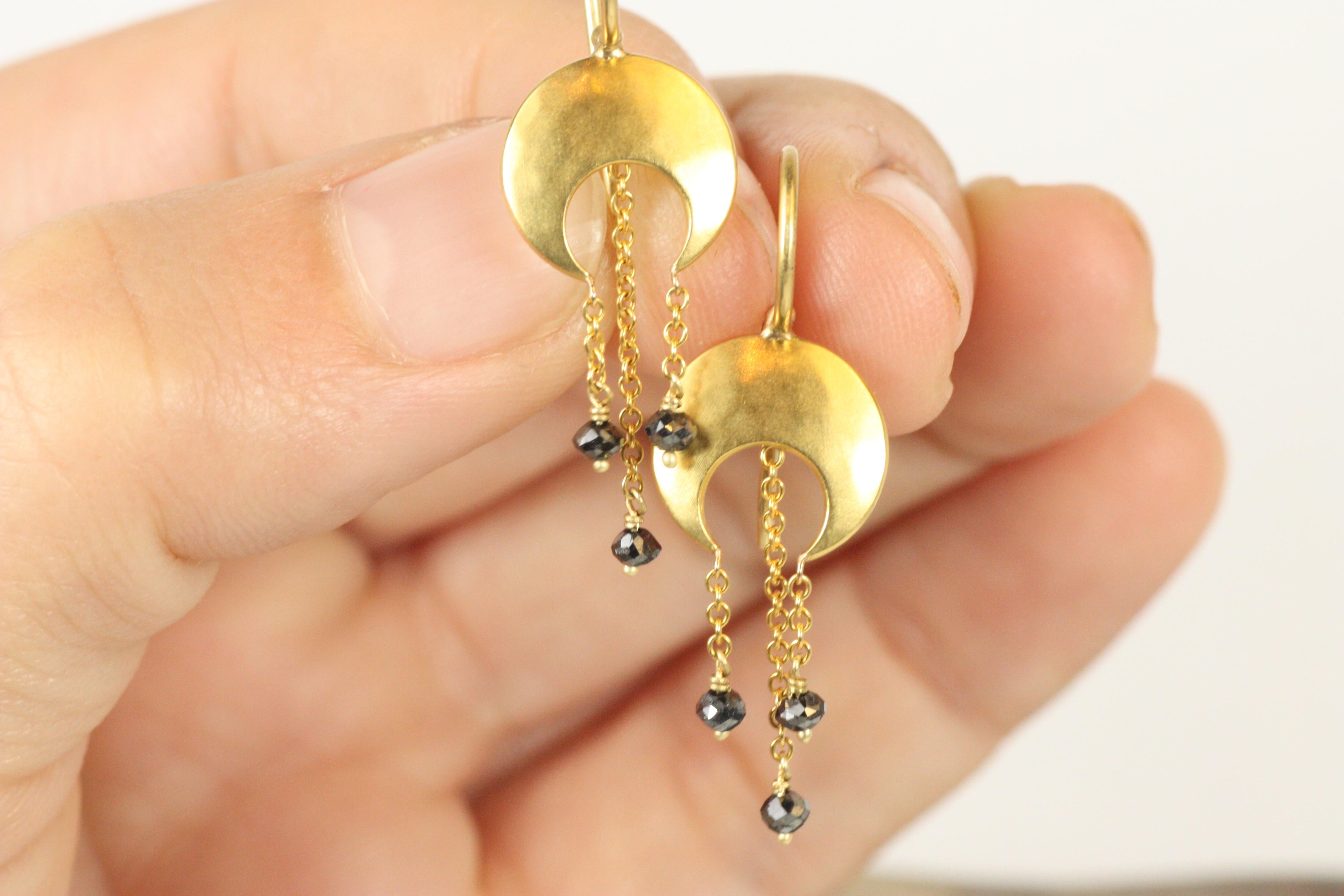 Artisan Crescent Moon Black Diamond Dangle Earrings in 22K Yellow Gold by Bracken For Sale