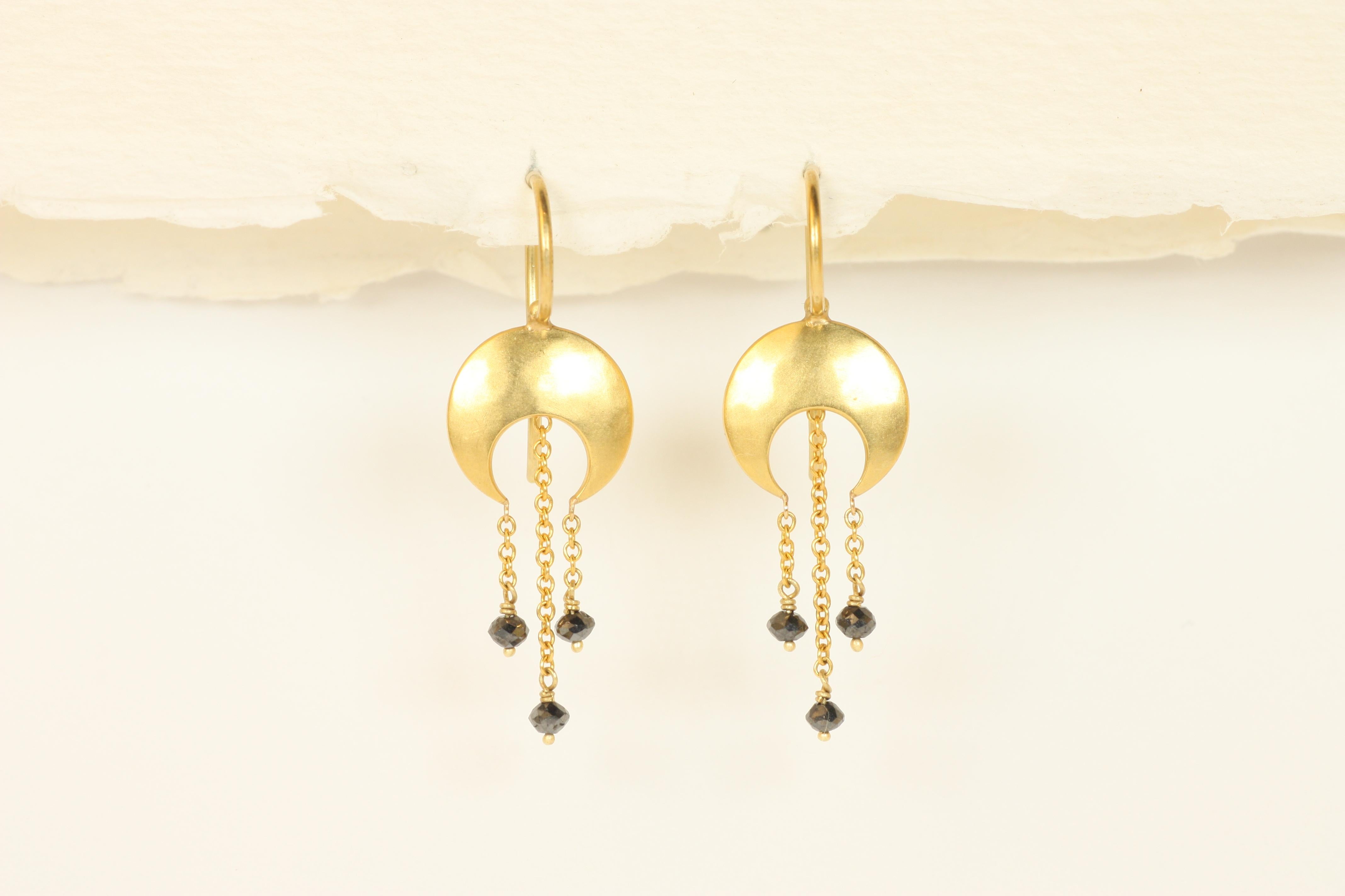 Crescent Moon Black Diamond Dangle Earrings in 22K Yellow Gold by Bracken In New Condition For Sale In Santa Monica, CA