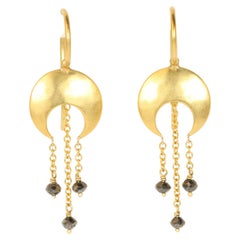 Crescent Moon Black Diamond Dangle Earrings in 22K Yellow Gold by Bracken