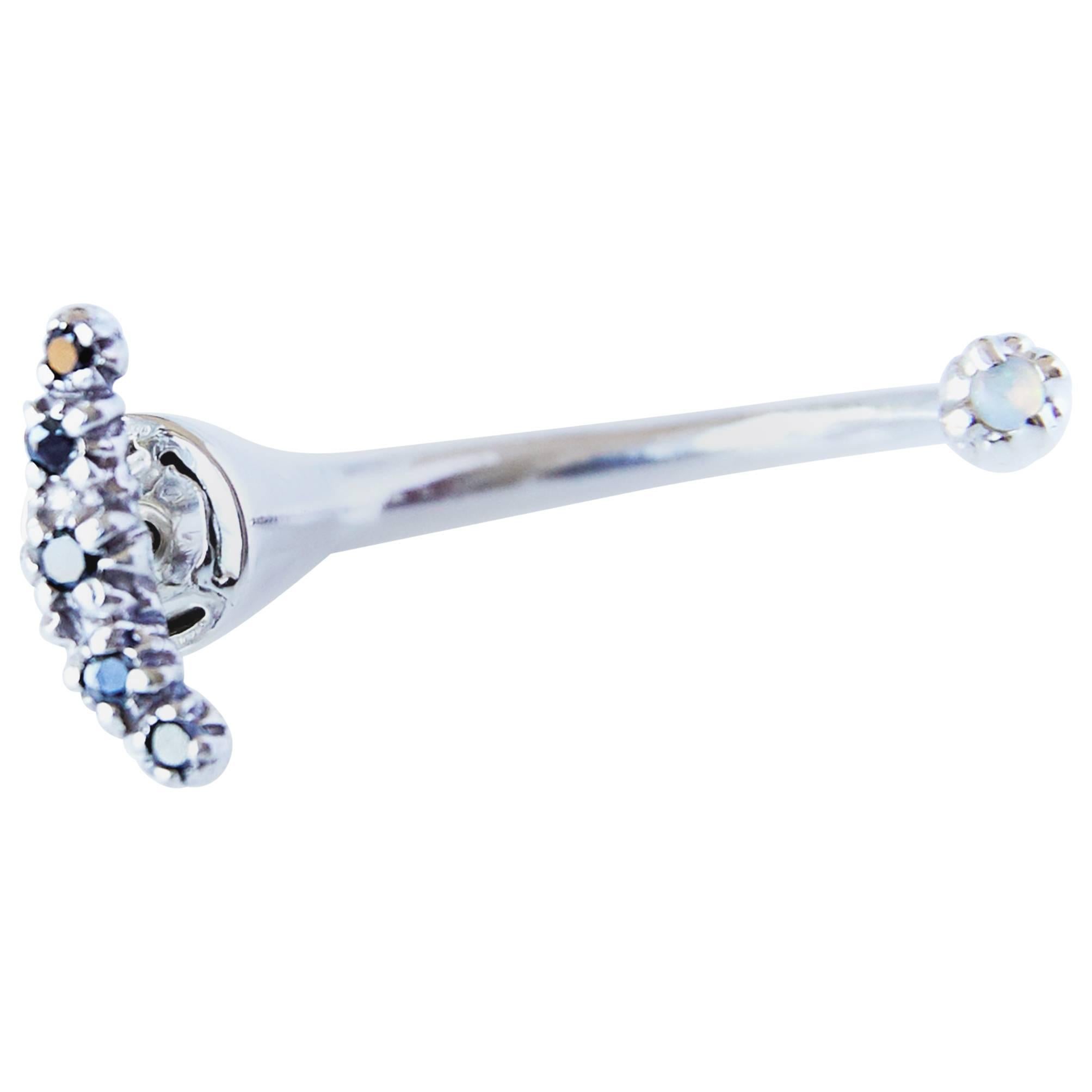 Crescent Moon Black Diamond Opal Earring Silver 
