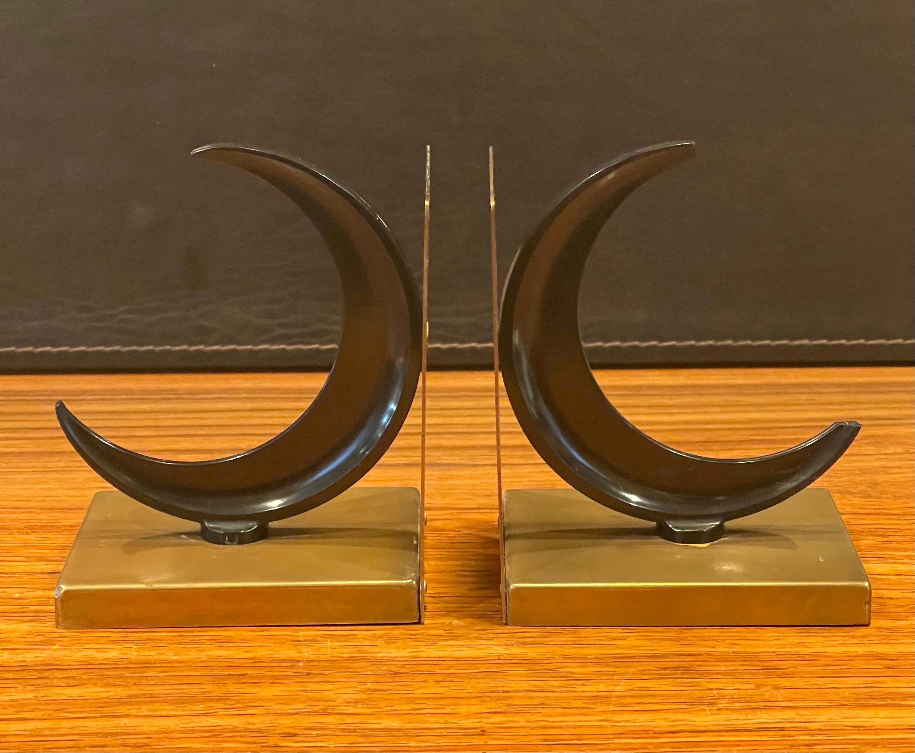Crescent Moon & Brass Art Deco Bookends by Walter Von Nessen for Chase & Co. In Fair Condition For Sale In San Diego, CA