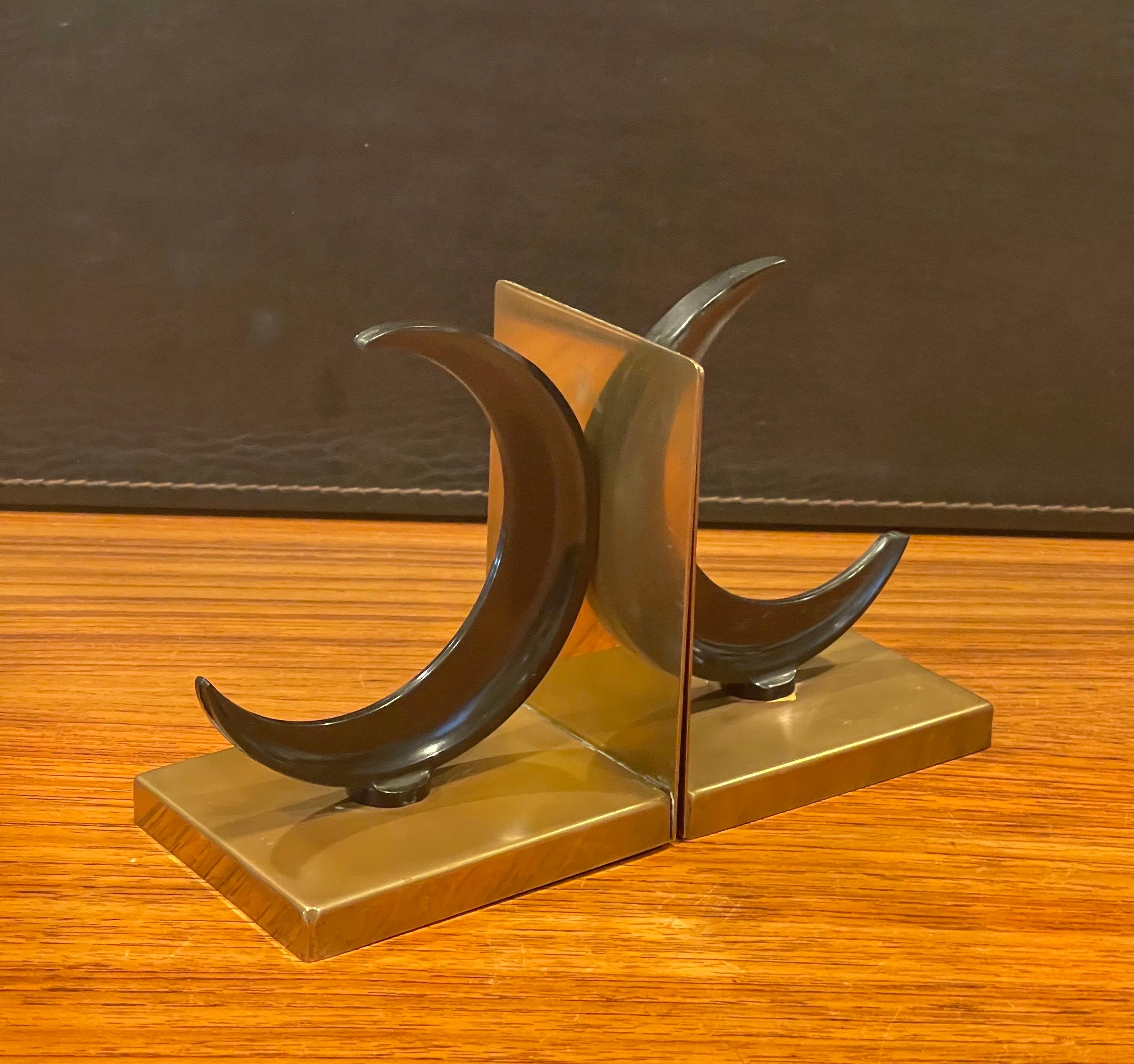 Crescent Moon & Brass Art Deco Bookends by Walter Von Nessen for Chase & Co. For Sale 1