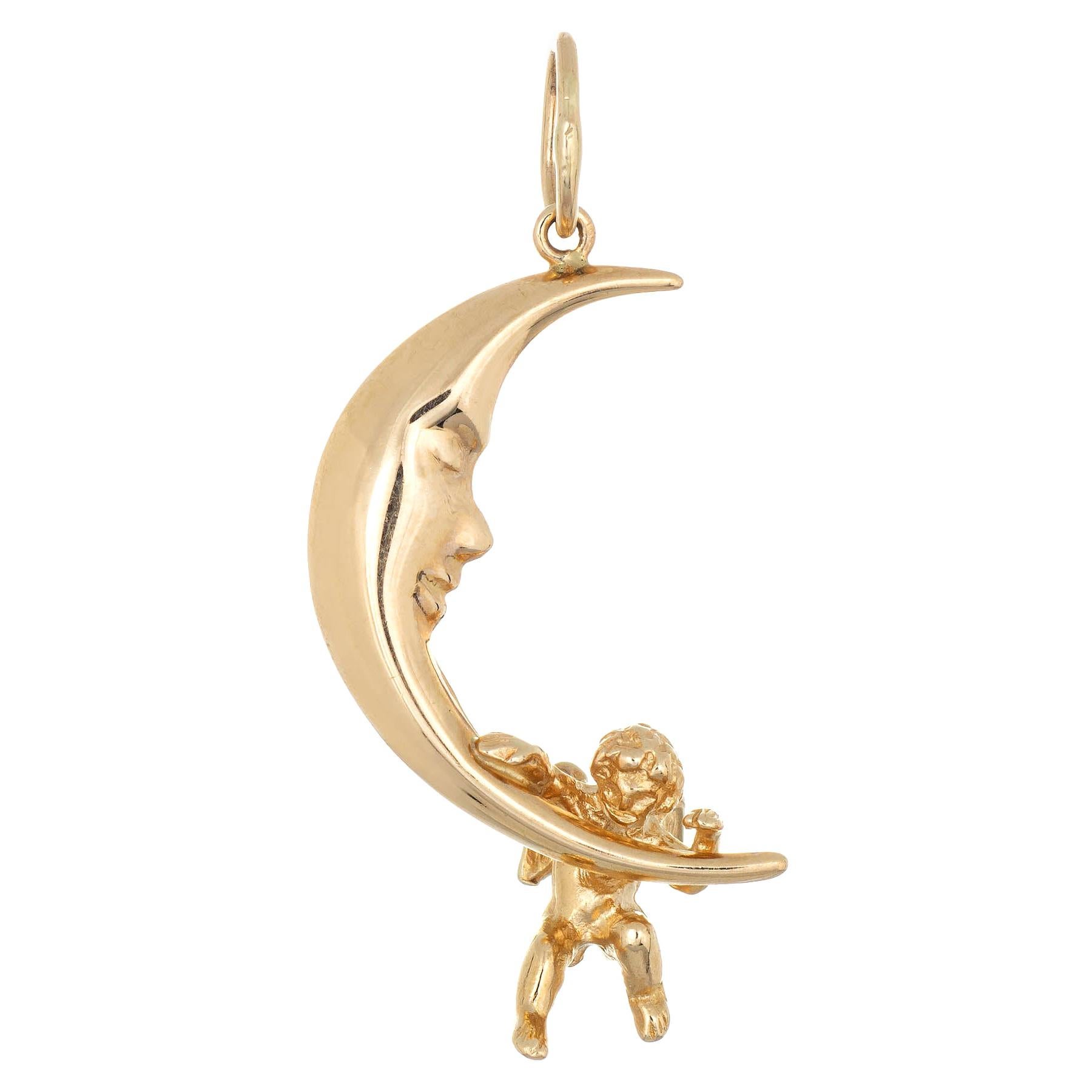 Crescent Moon Charm Estate 14k Gold Man in Moon Winged Angel Pendant Jewelry