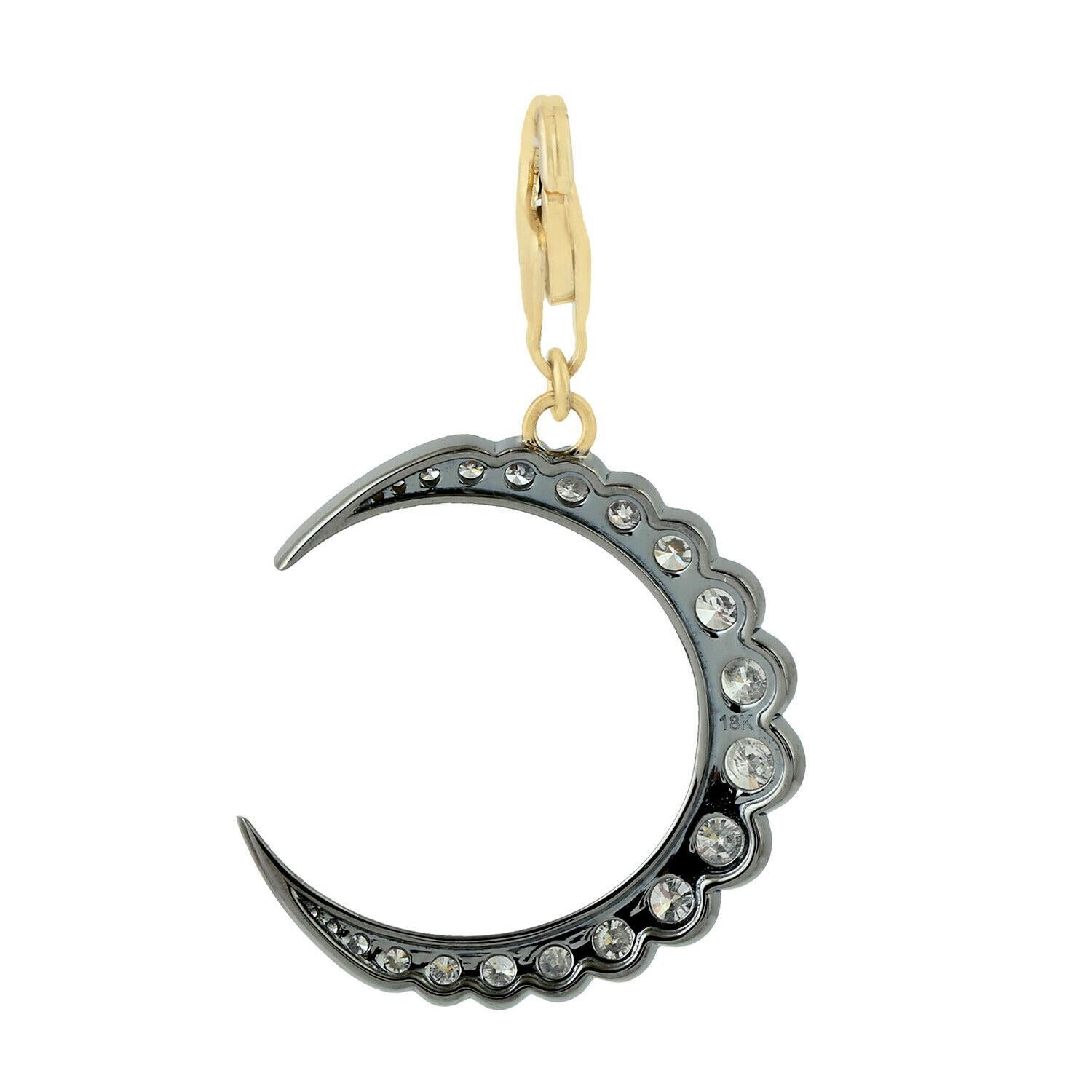 Artisan Crescent Moon Diamond 14K Gold Pendant Necklace For Sale