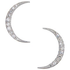 Crescent Moon Diamond Earrings 14 Karat White Gold Studs Fine Celestial Jewelry
