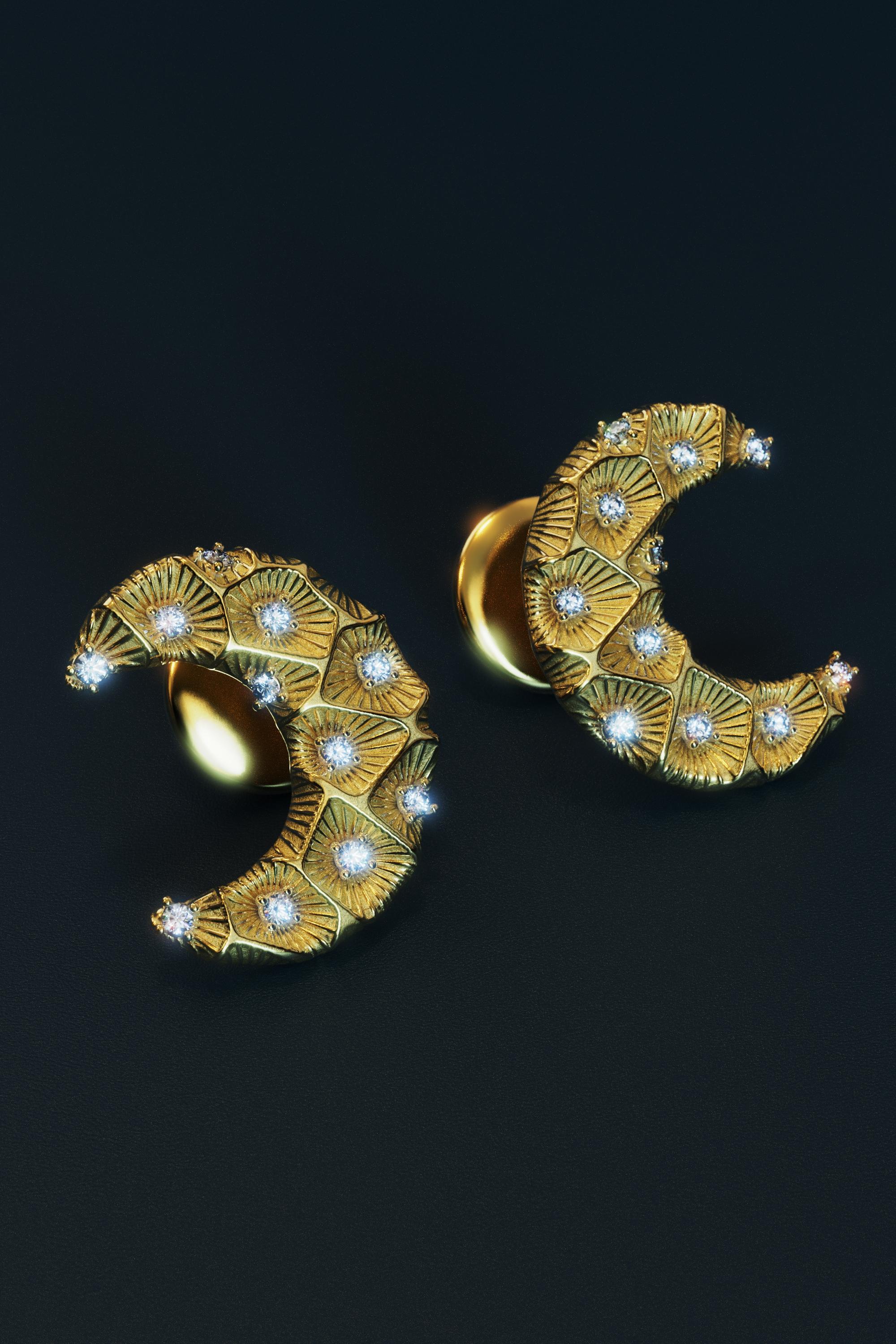 Brilliant Cut Crescent Moon Diamond Earrings – 14K Solid Gold - Italy - Oltremare Gioielli For Sale