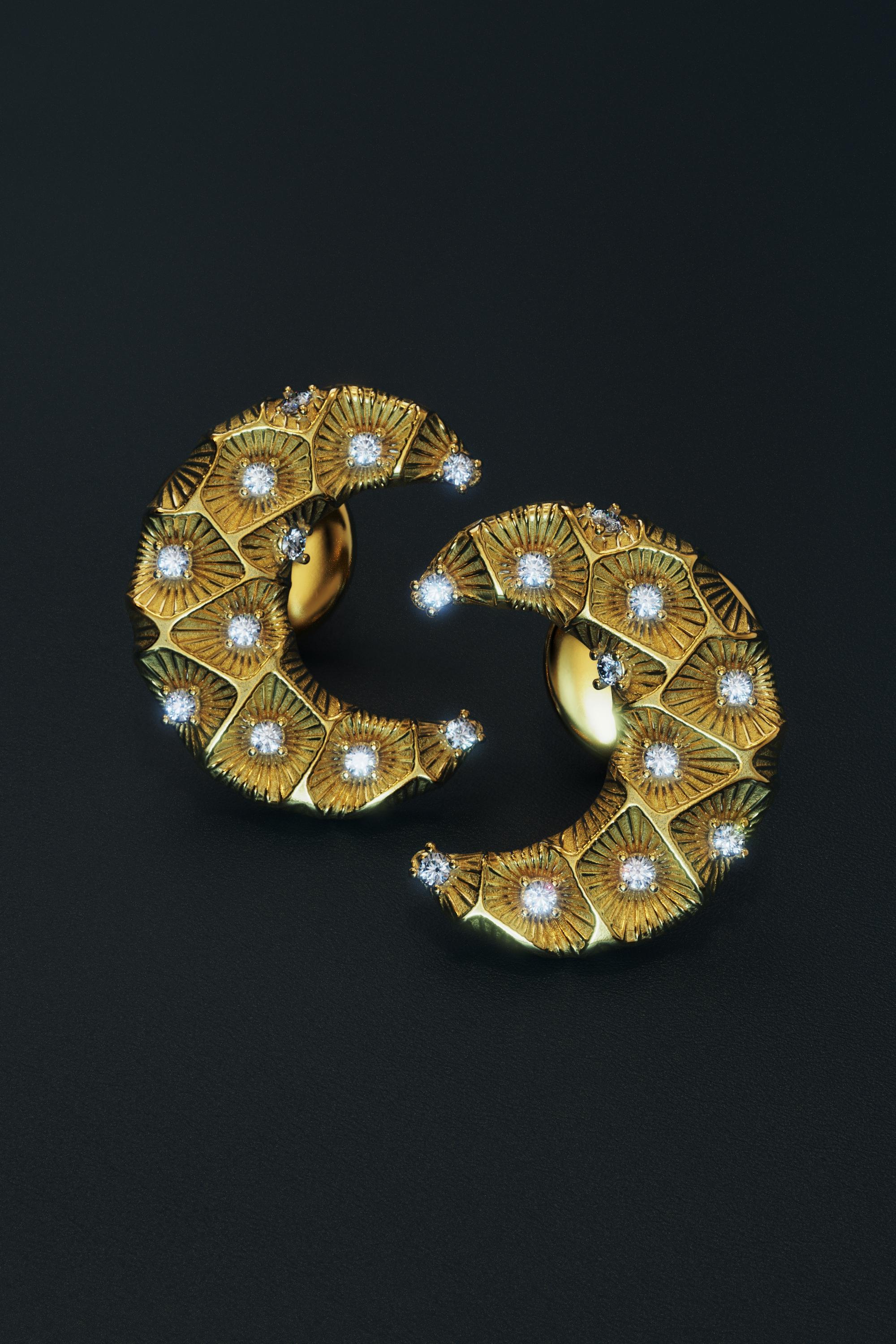 Crescent Moon Diamond Earrings – 14K Solid Gold - Italy - Oltremare Gioielli For Sale 1