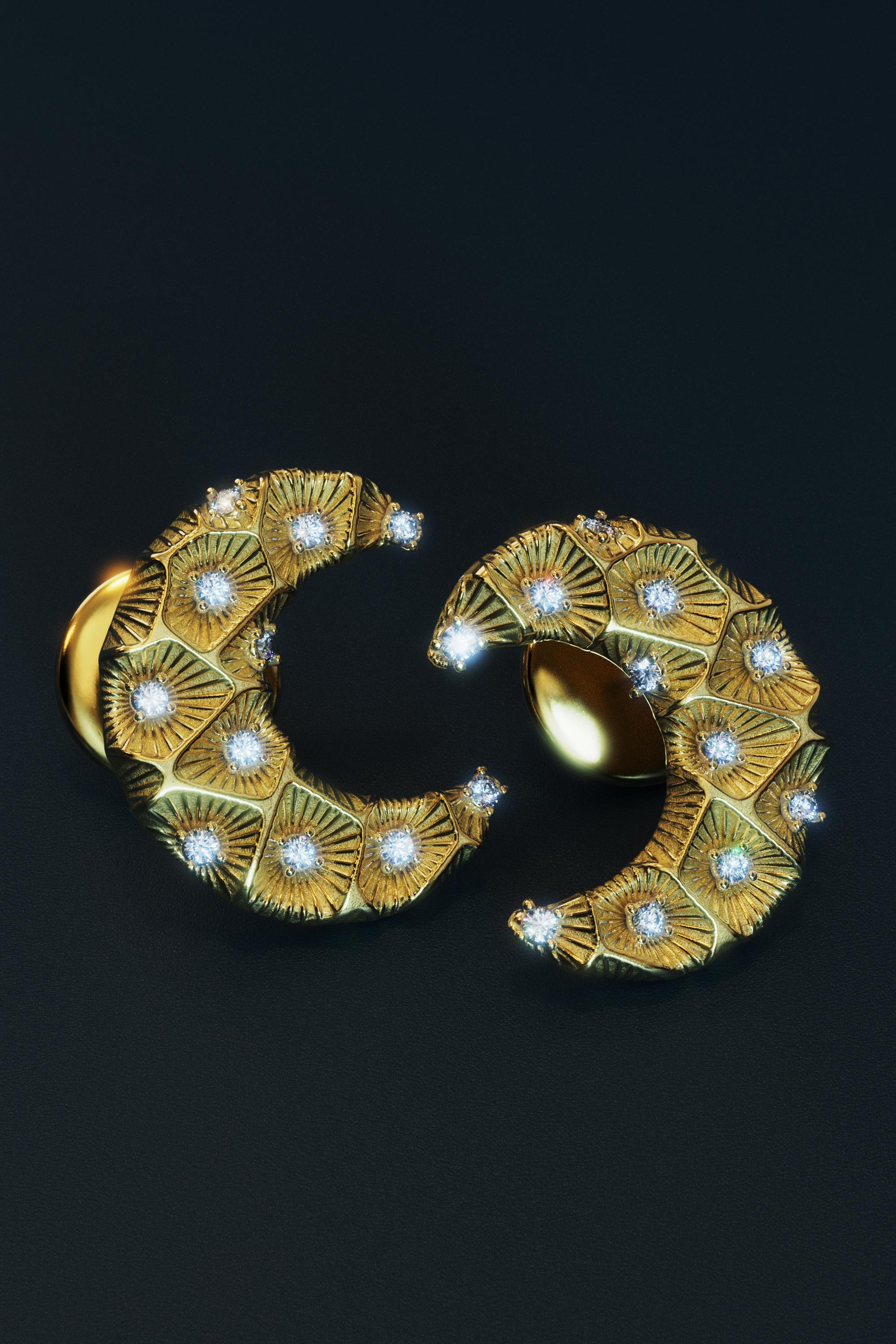 Crescent Moon Diamond Earrings – 14K Solid Gold - Italy - Oltremare Gioielli For Sale 3