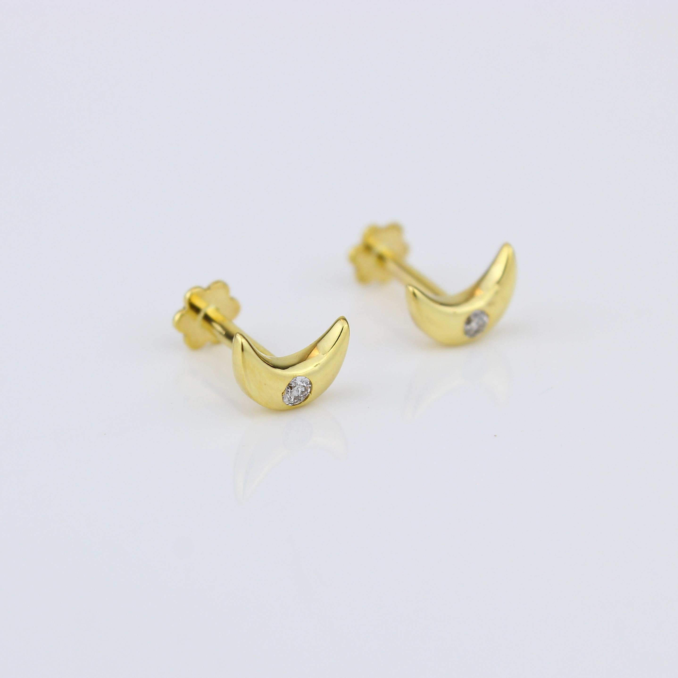 Art Deco Crescent Moon Diamond Earrings for Girls (Kids/Toddlers) in 18K Solid Gold For Sale