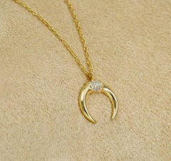Crescent Moon Diamond Necklace 14k Solid Gold Double Horn