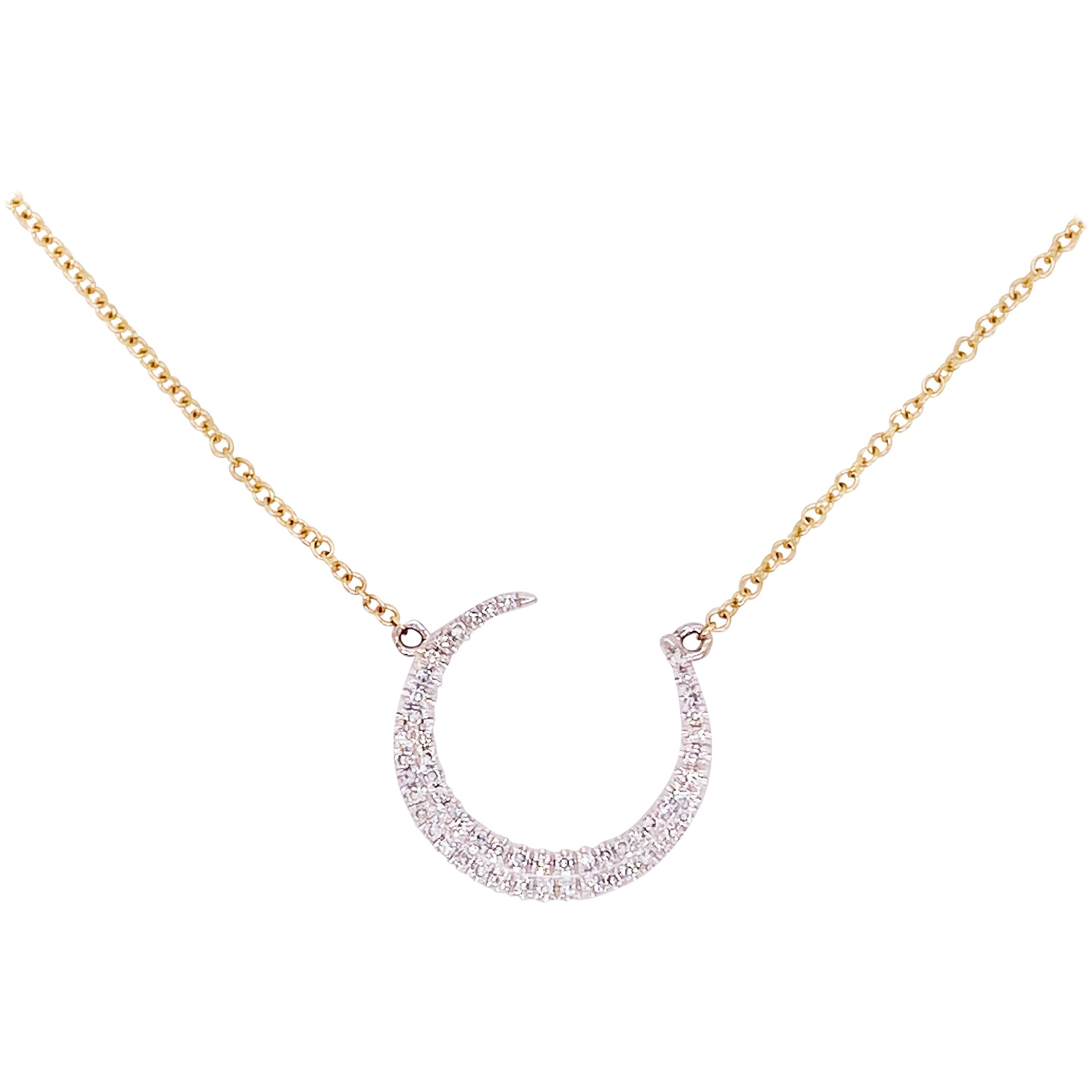 Crescent Moon Diamond Necklace, 14k White and Yellow Gold, Mixed Metal, Adjust For Sale