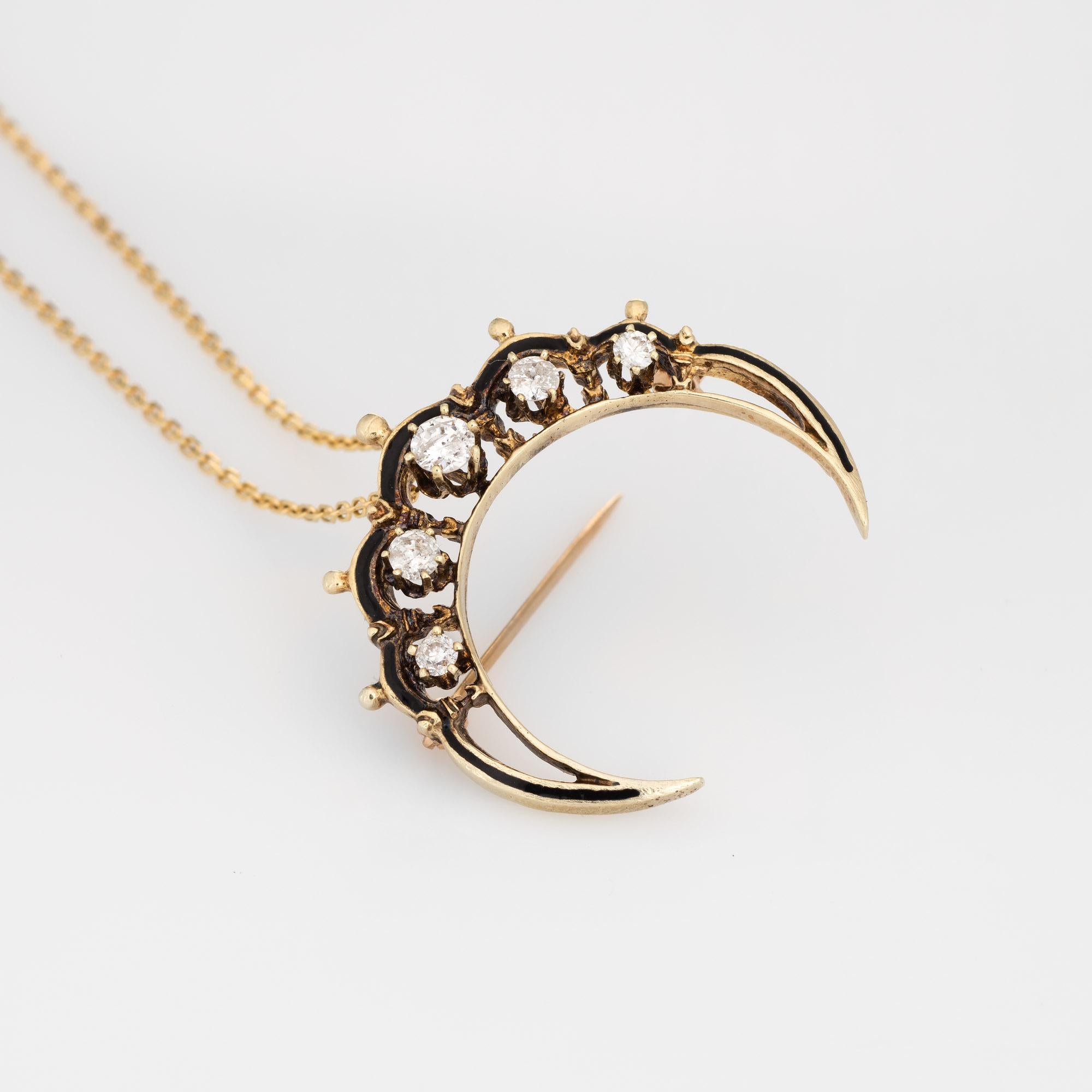 Modern Crescent Moon Diamond Pendant Vintage 14k Yellow Gold Necklace Celestial Jewelry For Sale